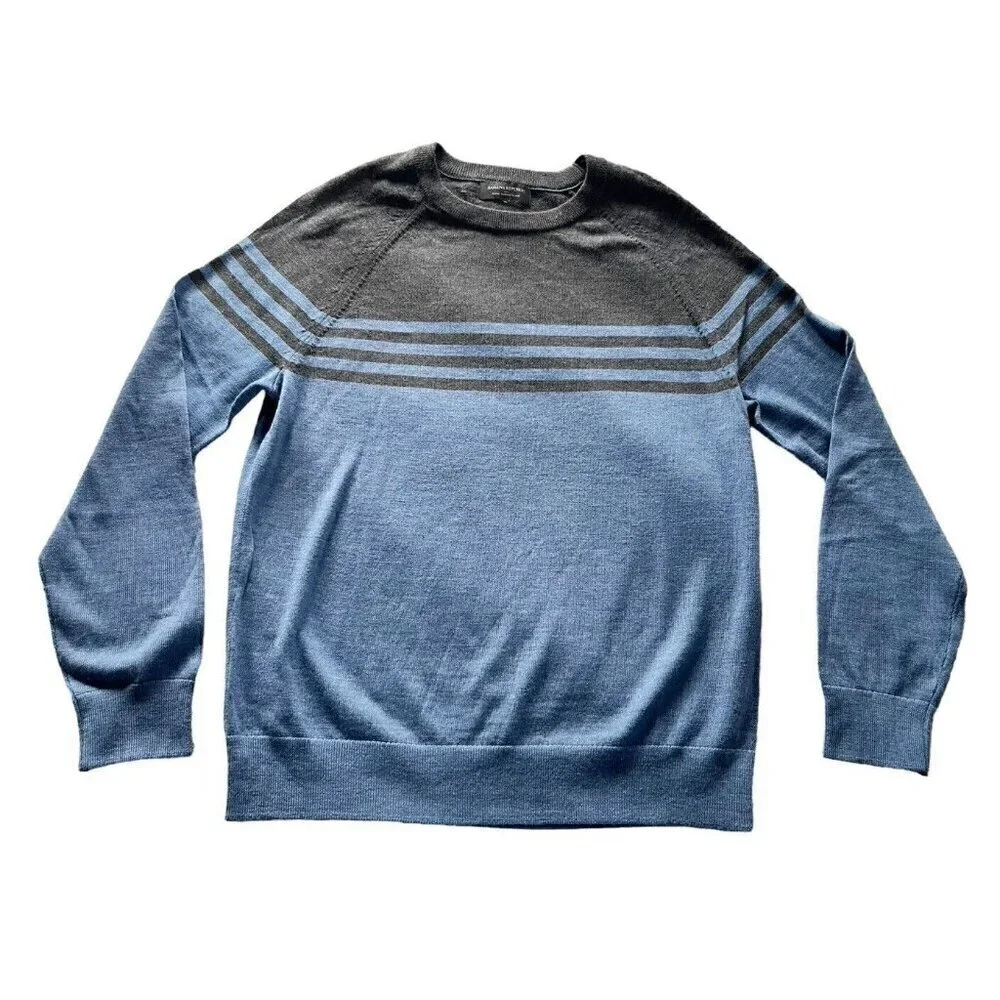 Banana Republic Men's Sz M Blue Gray Stripe 100% Merino Wool Fine Knit Sweater